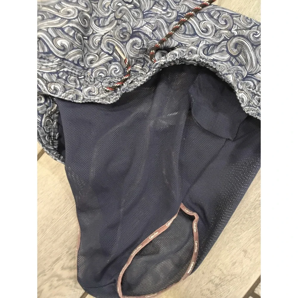 Calvin Klein Mens‎ Navy Blue Wave Swirl Print Swim Trunks Board Shorts - Medium